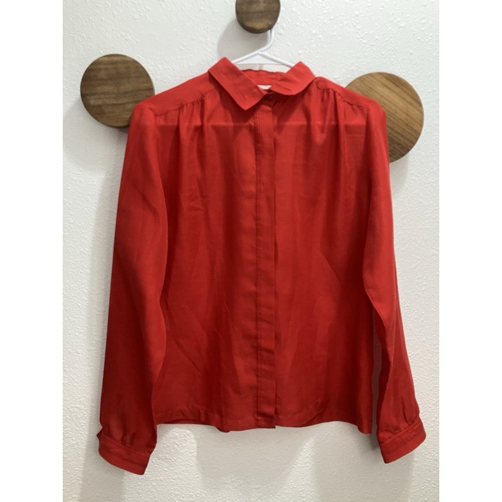 Shapely‎ Vintage Women's Blouse Size 12 HOLIDAY RED Sheer Long Sleeve Button-Up